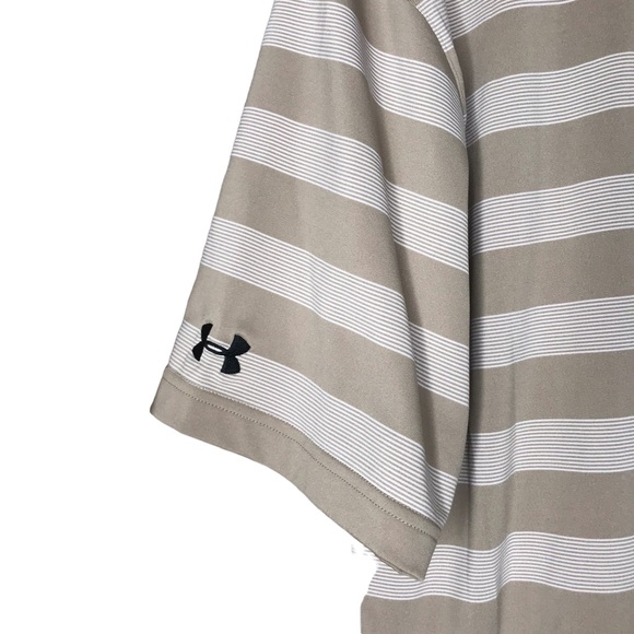Under Armour UA Polo Golf Shirt Short Sleeve Tan Cream Stripes Men’s Large - Picture 10 of 11